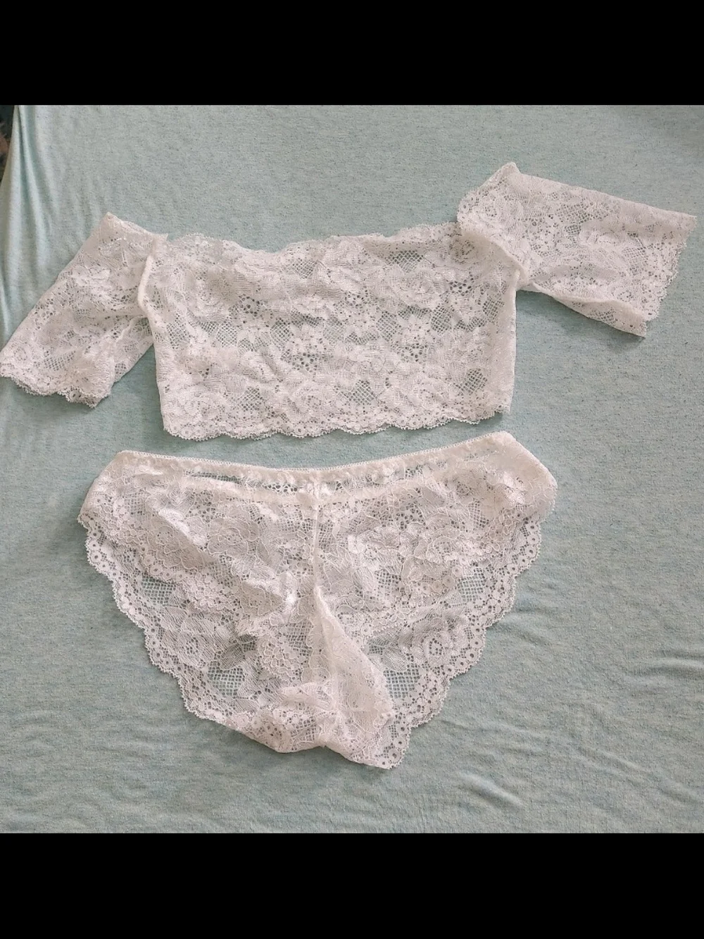 White Lace Off-Shoulder Bralette & Bikini Set - Picture 5 of 7